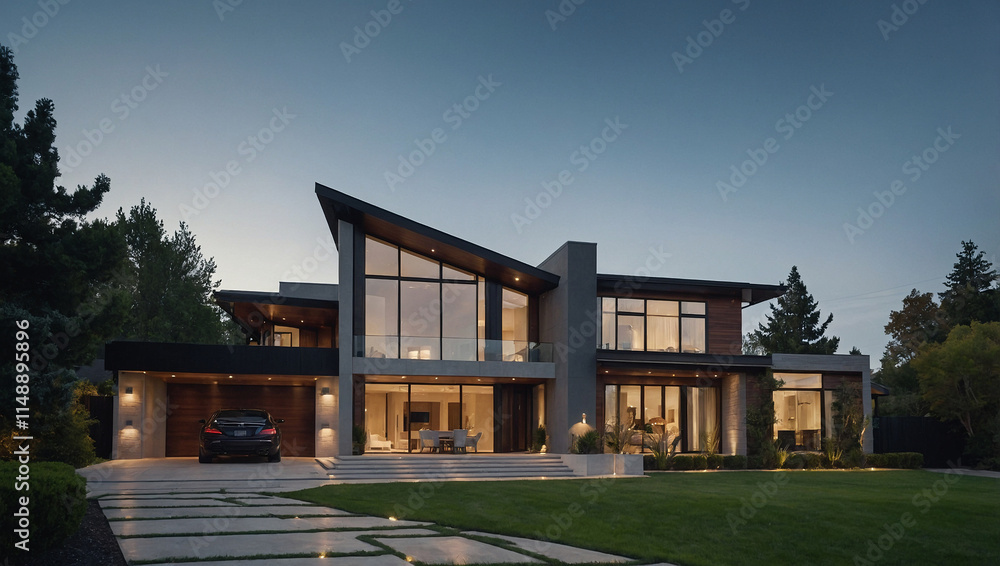 Contemporary two-story house at dusk. Features a prominent angular roofline, expansive windows, and a dark-grey/brown facade. Landscaped lawn and driveway visible. Contemporary two-story house at dusk. Features a prominent angular roofline, expansive windows, and a dark-grey/brown facade. Landscaped lawn and driveway visible.