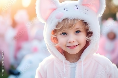 Adorable little girl in bunny costume at carnival on spring day