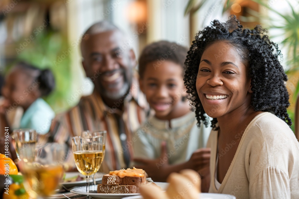 A warm family gathering features a smiling woman, a man, and a boy enjoying a meal together. The table is filled with food and drinks, creating a lively atmosphere of togetherness A warm family gathering features a smiling woman, a man, and a boy enjoying a meal together. The table is filled with food and drinks, creating a lively atmosphere of togetherness
