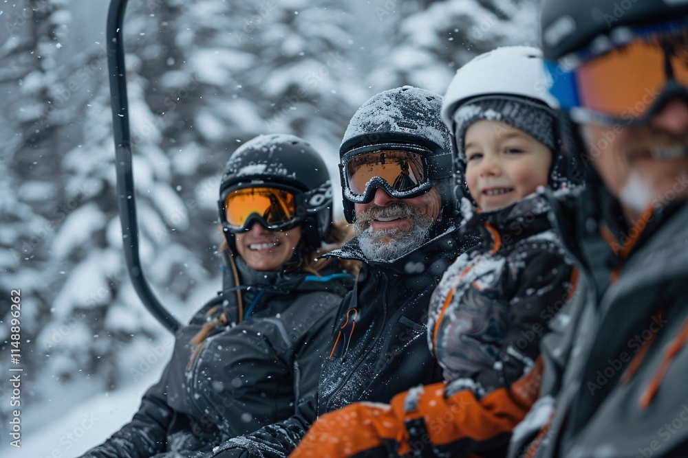 A family shares smiles while riding a ski lift in a snowy mountain landscape. They are dressed warmly for winter activities, with snow gently falling around them A family shares smiles while riding a ski lift in a snowy mountain landscape. They are dressed warmly for winter activities, with snow gently falling around them