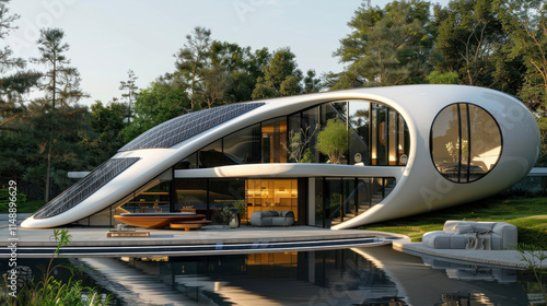 A futuristic home with solar panels integrated into its architecture photo