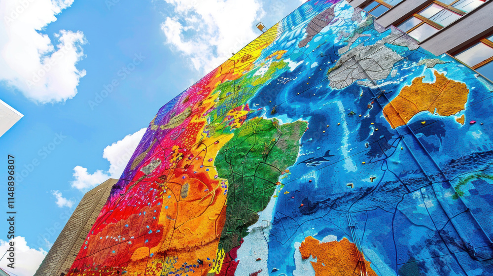 A giant eco-mural showcasing the effects of global warming through vibrant colors A giant eco-mural showcasing the effects of global warming through vibrant colors