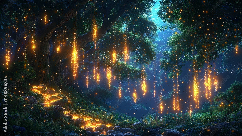 Fototapeta premium A forest at night illuminated by fireflies, with a tranquil stream flowing in the foreground