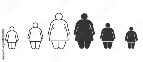 Obesity body icon in women, Body types of fat and obese people fat in flat icon set. Image and size of people in body index mass vector illustration on transparent background.