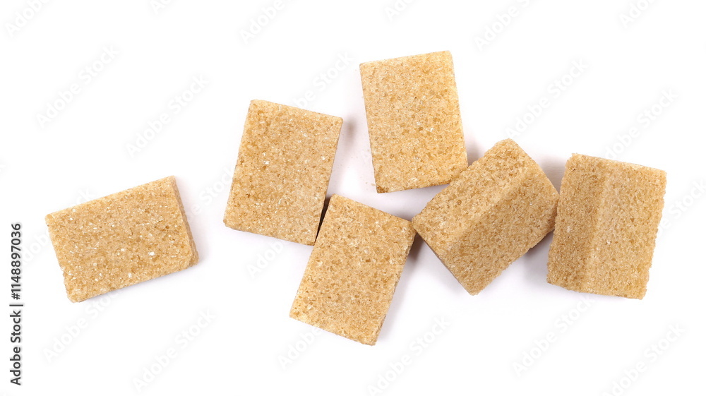 brown cane sugar cubes isolated on white background, top view brown cane sugar cubes isolated on white background, top view