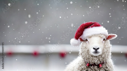  A close-up of a sheep wearing a Santa hat in a snowy landscape with snowflakes on the ground