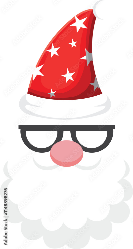 Close up illustration of Santa Claus wearing glasses and red Christmas hat with white stars, perfect for Christmas greeting cards or holiday decorations Close up illustration of Santa Claus wearing glasses and red Christmas hat with white stars, perfect for Christmas greeting cards or holiday decorations