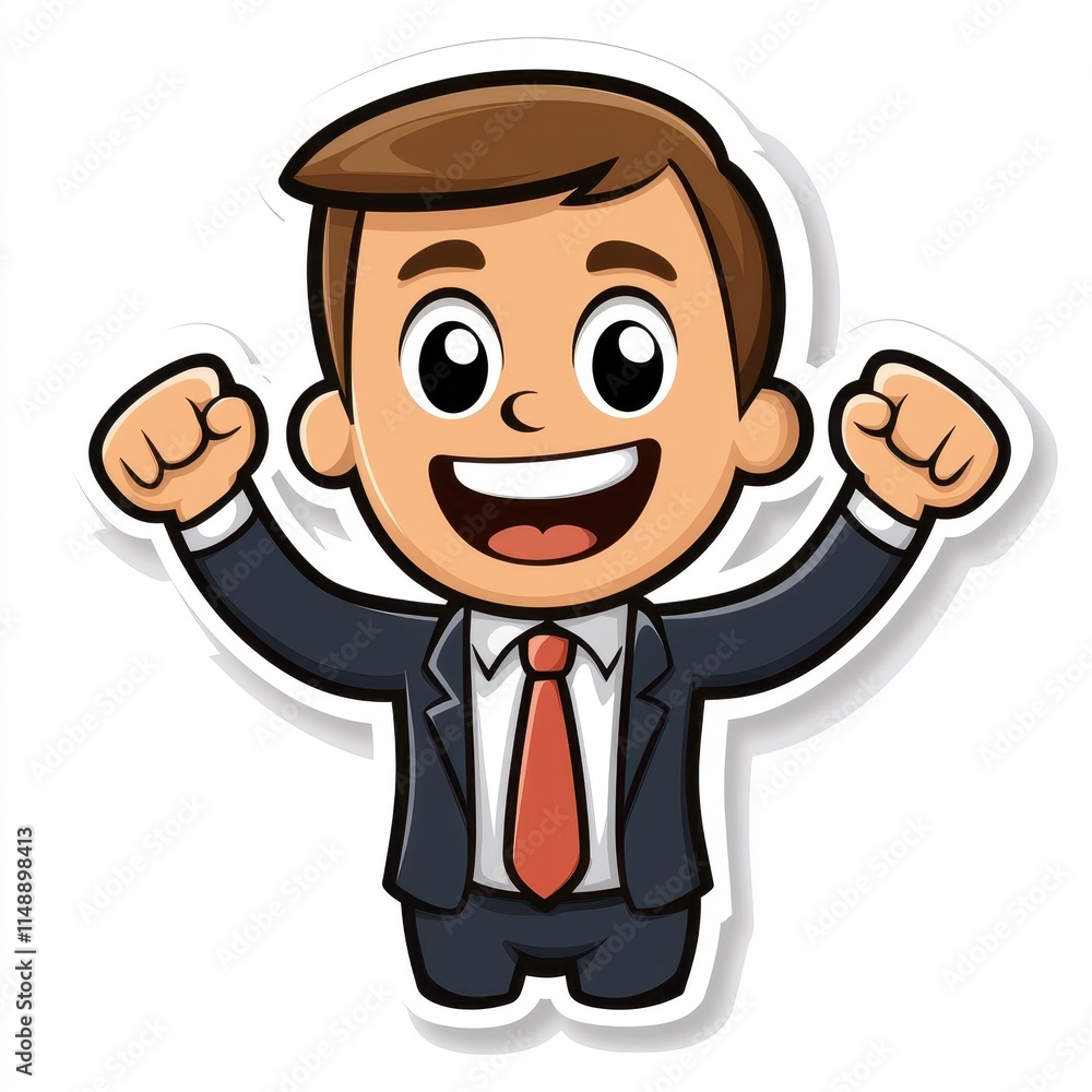 Cheerful cartoon character sticker celebrating success in a business suit with energetic pose and bright smile Cheerful cartoon character sticker celebrating success in a business suit with energetic pose and bright smile