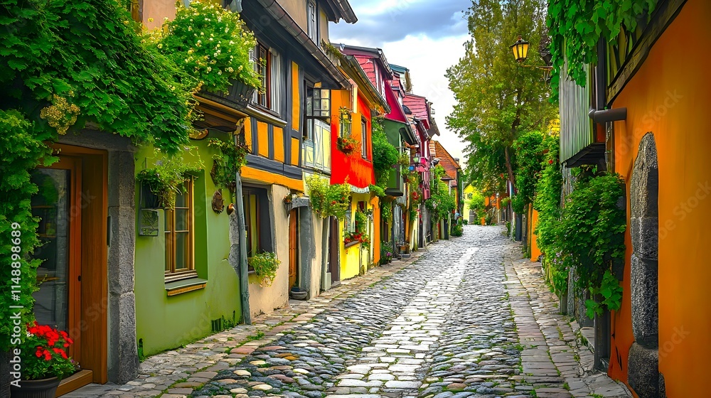 Fototapeta premium Rustic European cobblestone street lined with colorful houses