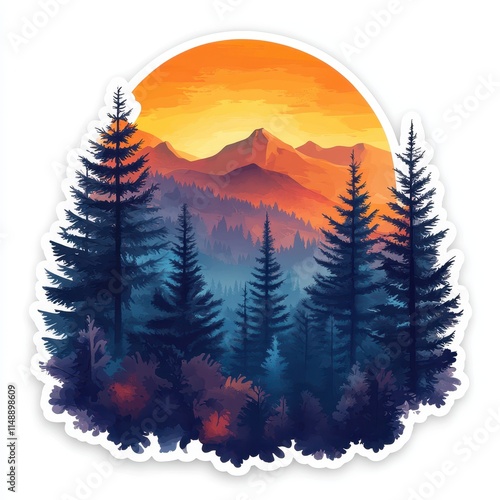 Vibrant sunset sticker capturing the serene beauty of mountains and pine trees in a colorful landscape photo