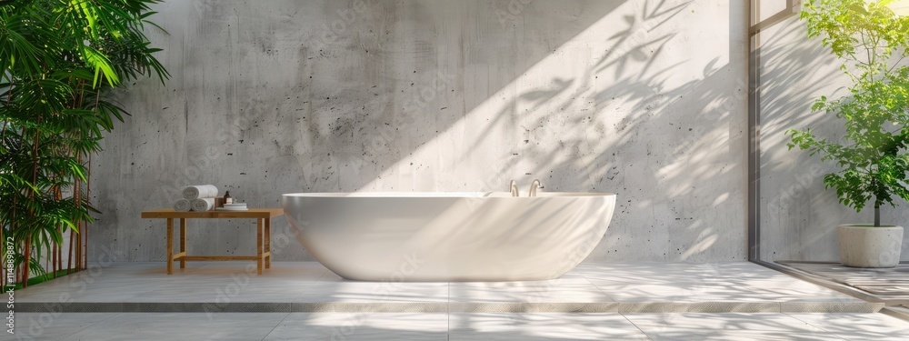 3D rendering of a modern bathroom with a white wall and floor, a freestanding bathtub, a wooden table stand on the concrete ground near the wall 3D rendering of a modern bathroom with a white wall and floor, a freestanding bathtub, a wooden table stand on the concrete ground near the wall