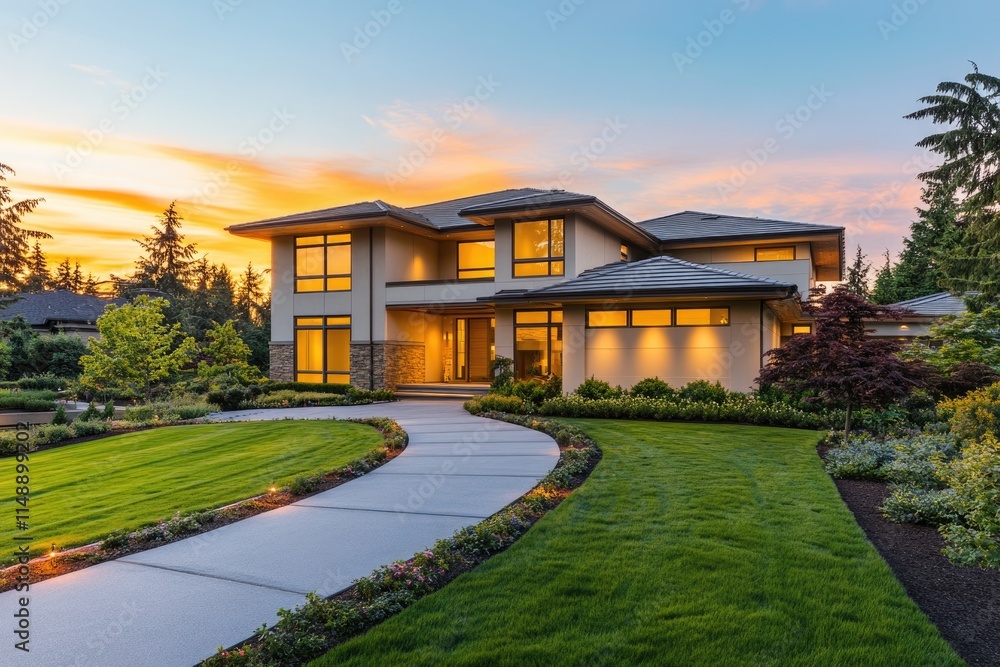 Luxurious modern house illuminated at sunset, showcasing its elegant design and landscaping. Luxurious modern house illuminated at sunset, showcasing its elegant design and landscaping.