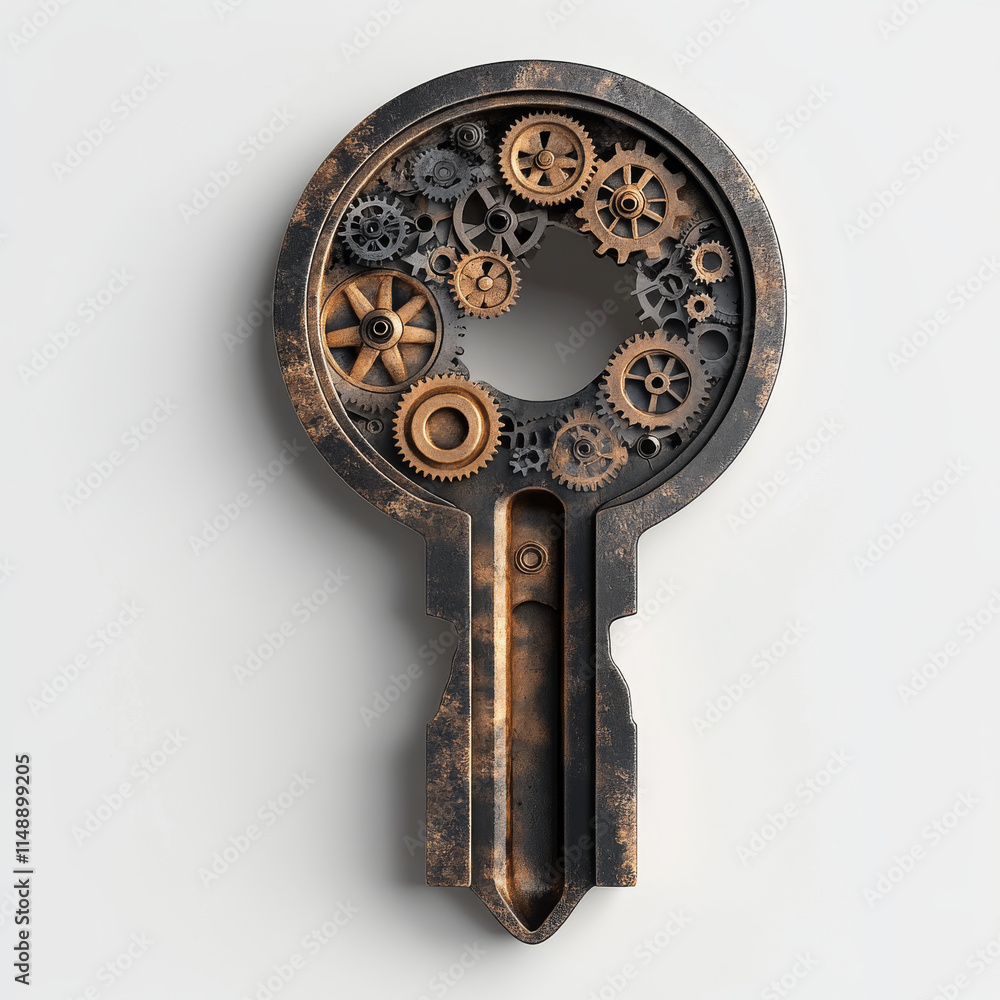 Obraz premium vintage keyhole design featuring intricate gears and mechanical elements, showcasing blend of artistry and engineering