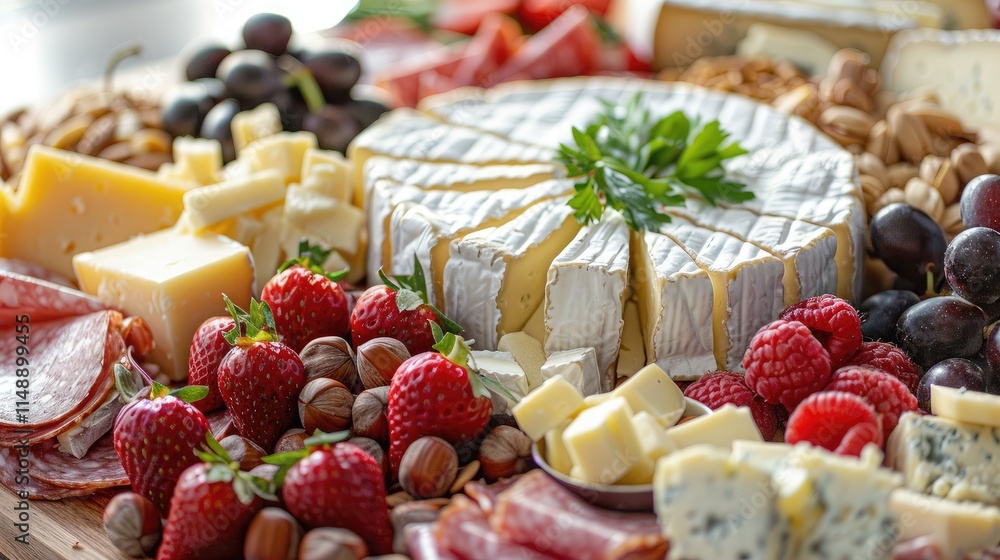 Cheese Platter with Fresh Fruits, Nuts, and Crackers on Table Cheese Platter with Fresh Fruits, Nuts, and Crackers on Table