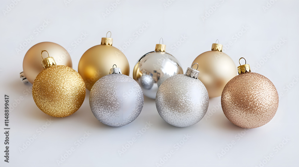 Seven elegant Christmas ornaments in gold and silver glitter and matte finishes. Perfect for festive decorations and holiday imagery. Seven elegant Christmas ornaments in gold and silver glitter and matte finishes. Perfect for festive decorations and holiday imagery.