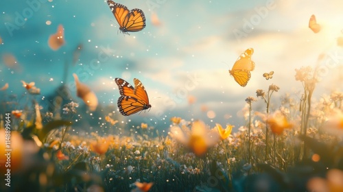 Wallpaper Mural Colorful Butterflies Flying Over a Vibrant Wildflower Meadow Torontodigital.ca