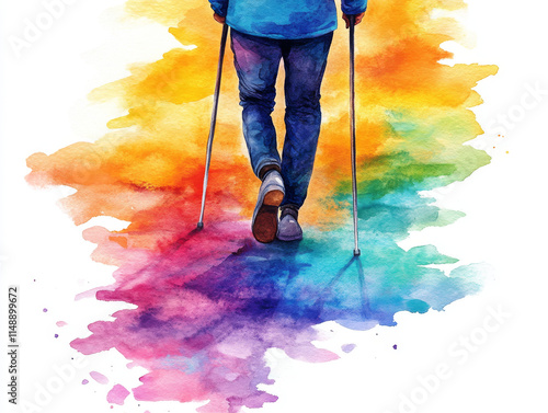 person walking with crutches on colorful watercolor background, symbolizing resilience and hope photo