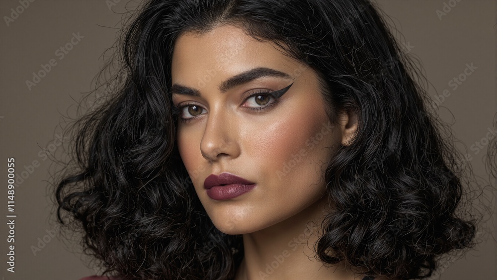 Portrait of a Latina woman with olive toned skin cat eye eyeliner plum lips and curly black hair exuding confidence and beauty Portrait of a Latina woman with olive toned skin cat eye eyeliner plum lips and curly black hair exuding confidence and beauty