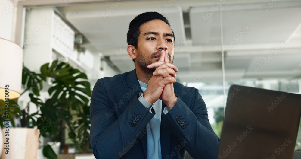 Business, man and thinking with laptop in office for problem solving, financial solution and investment decision. Finance firm, auditor and thoughtful at desk for risk management, ideas and planning