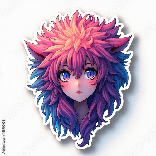 Vibrant anime-inspired sticker showcasing a whimsical character with colorful hair and expressive features