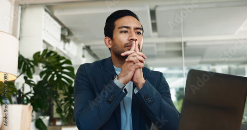 Behang Business, man and thinking with laptop in office for problem solving, financial solution and investment decision