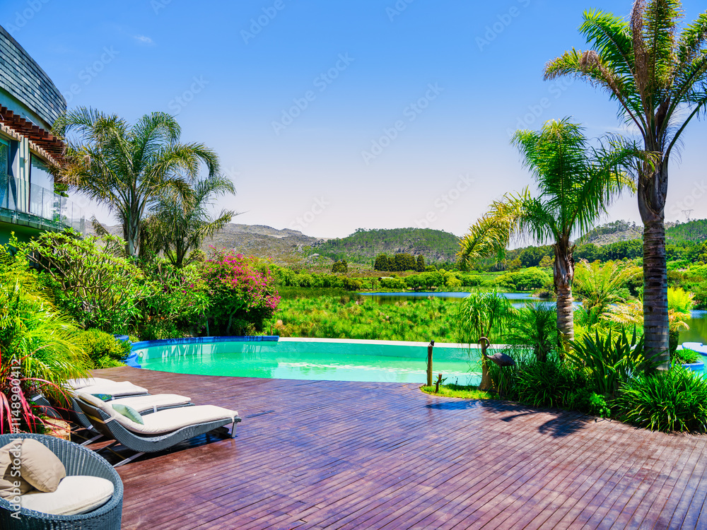 Swimming deck overloooking Palmiet River in the picturesque Elgin Valley, South Africa