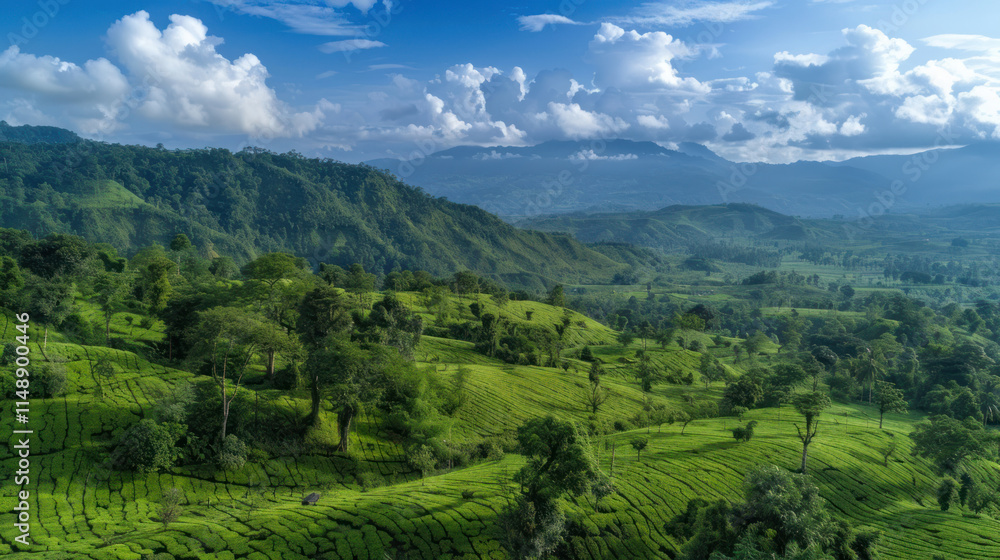 Fototapeta premium A picturesque Assam tea plantation with lush greenery stretching over rolling hills under a vibrant sky,
