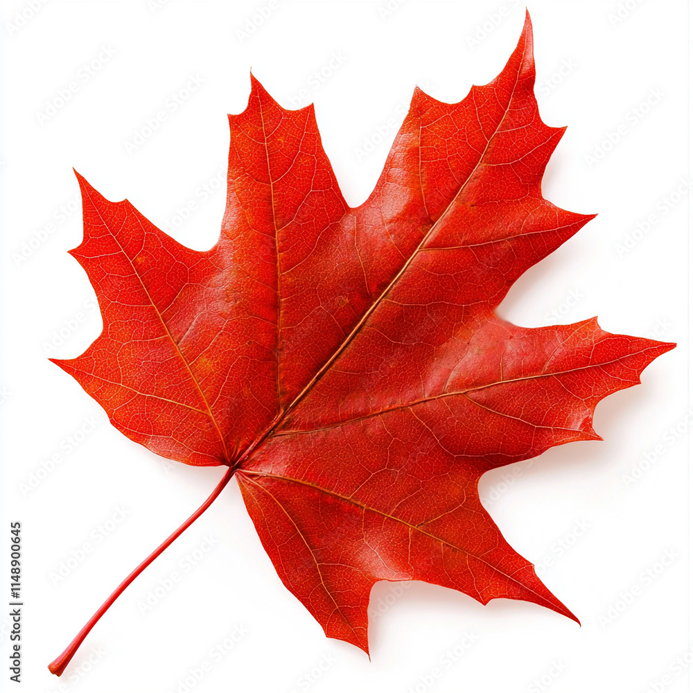 Single Red Maple Leaf with Detailed Veins Isolated on White Background Single Red Maple Leaf with Detailed Veins Isolated on White Background