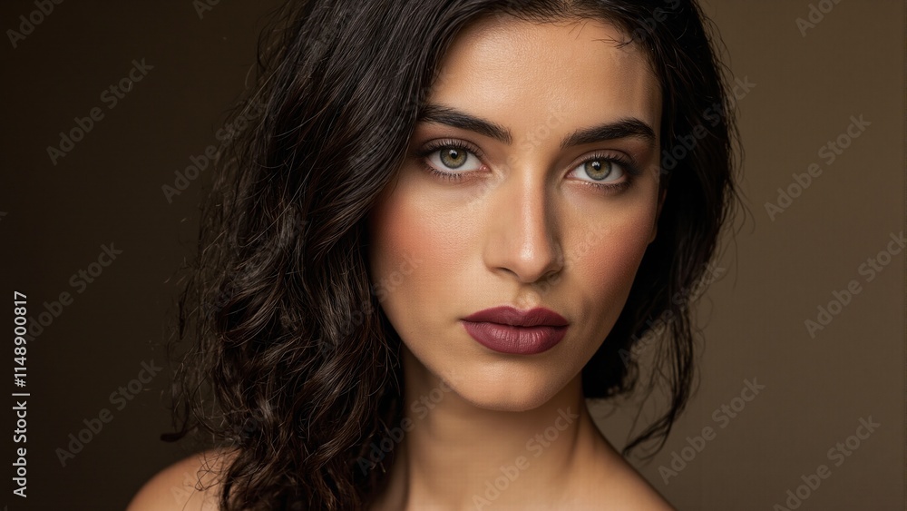 Fototapeta premium Sensual Middle Eastern woman with striking golden makeup crimson lips and elegant dark hair styled in loose curls