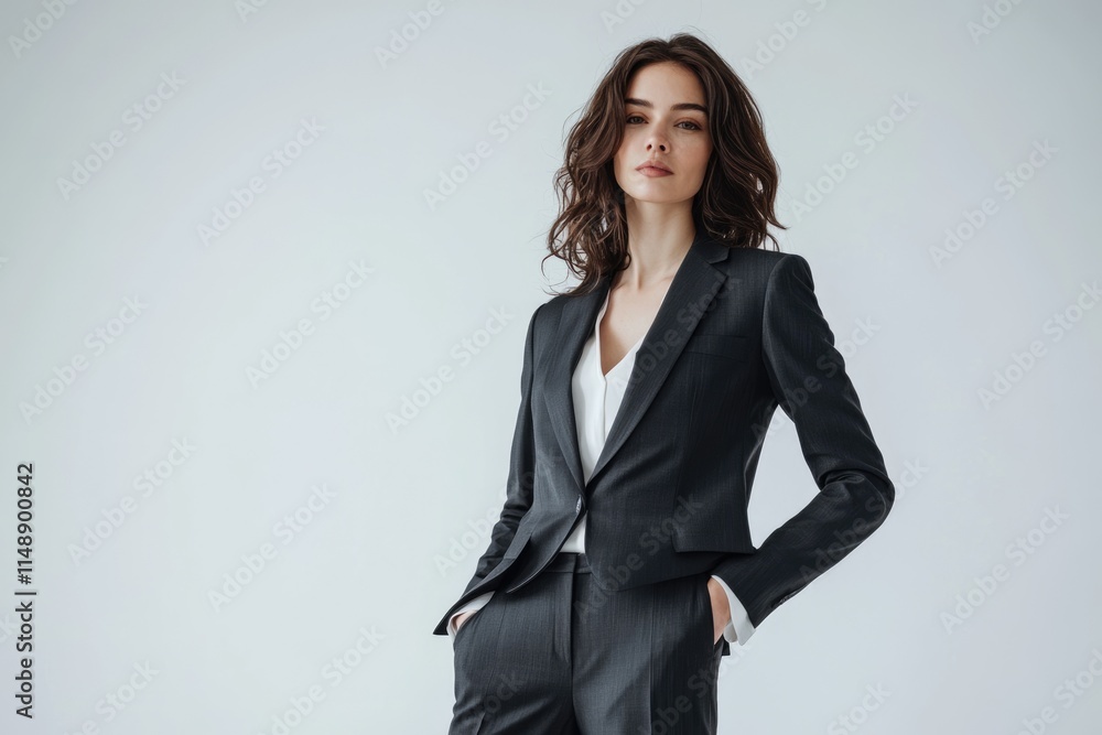 Confident businesswoman in a sharp black pantsuit, posing against a neutral background. Confident businesswoman in a sharp black pantsuit, posing against a neutral background.