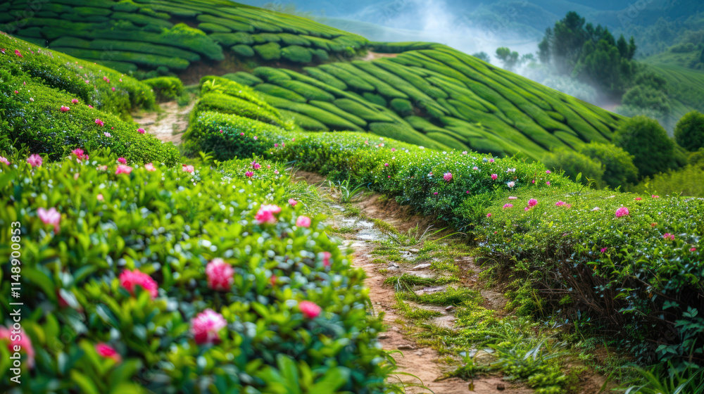 A picturesque path through a tea garden, surrounded by wild greenery and blooming flowers, A picturesque path through a tea garden, surrounded by wild greenery and blooming flowers,