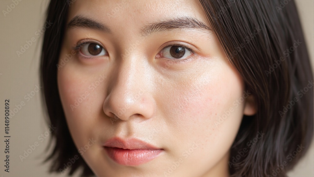 Close up of an East Asian woman with smooth porcelain skin glossy coral lipstick and soft brown eyeliner showcasing a neat bob hairstyle and natural looking lashes Close up of an East Asian woman with smooth porcelain skin glossy coral lipstick and soft brown eyeliner showcasing a neat bob hairstyle and natural looking lashes
