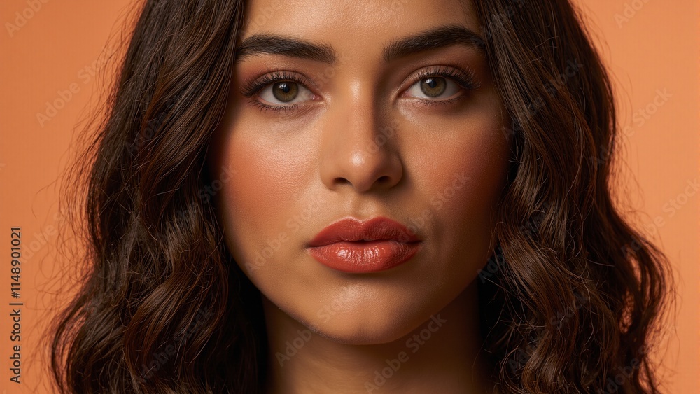Beautiful Latina woman with bronzed skin rose gold eyeshadow and vibrant orange red lipstick showcasing elegant wavy brown hair and long lashes Beautiful Latina woman with bronzed skin rose gold eyeshadow and vibrant orange red lipstick showcasing elegant wavy brown hair and long lashes