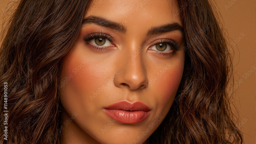Beautiful Latina woman with bronzed skin rose gold eyeshadow and vibrant orange red lipstick showcasing elegant wavy brown hair and long lashes Beautiful Latina woman with bronzed skin rose gold eyeshadow and vibrant orange red lipstick showcasing elegant wavy brown hair and long lashes