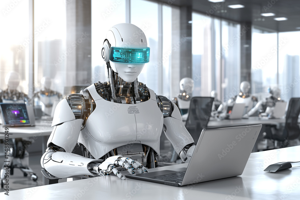 Modern robotic workers typing on laptops in a futuristic office environment. Modern robotic workers typing on laptops in a futuristic office environment.