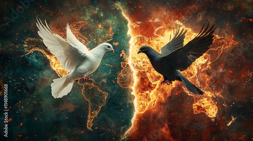 Contrast of light and dark birds symbolizing peace and conflict amid a fiery world map photo