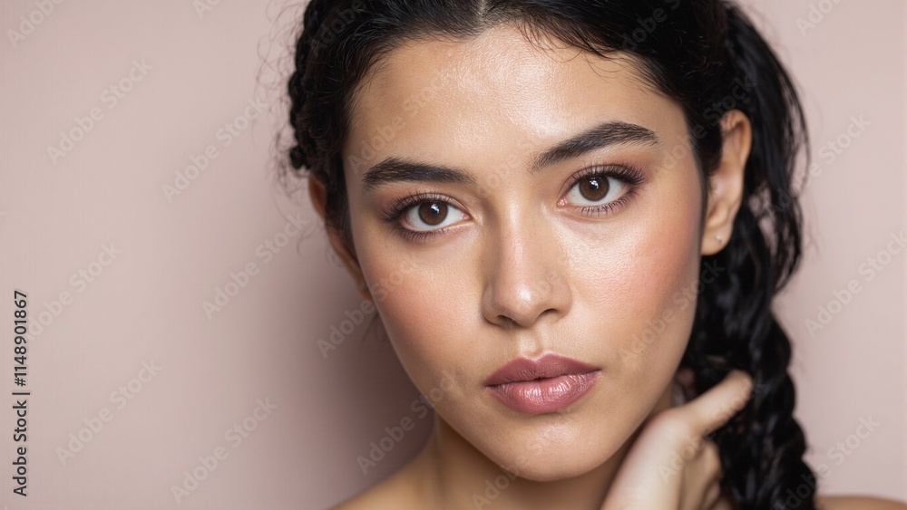 Naklejka premium Beautiful Southeast Asian woman with caramel skin rose gold makeup mauve lipstick side ponytail with braided accents and fluttery lashes