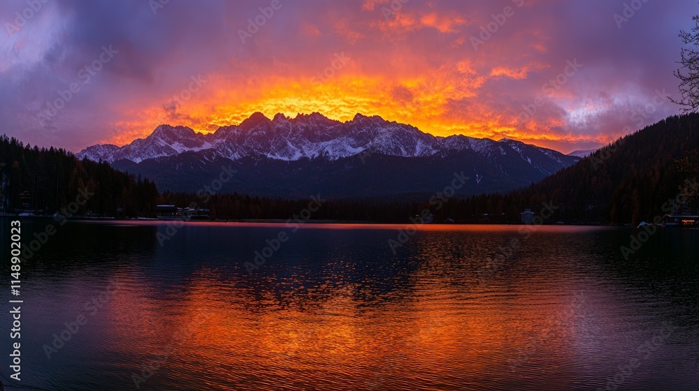 Fototapeta premium Dramatic Sunset Reflection Over Mountain Lake with Colorful Sky