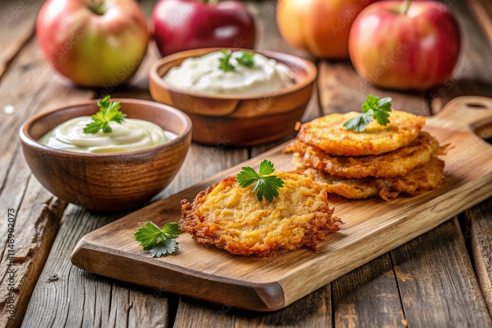 Crispy Latkes with Sour Cream & Applesauce on Rustic Wood Crispy Latkes with Sour Cream & Applesauce on Rustic Wood