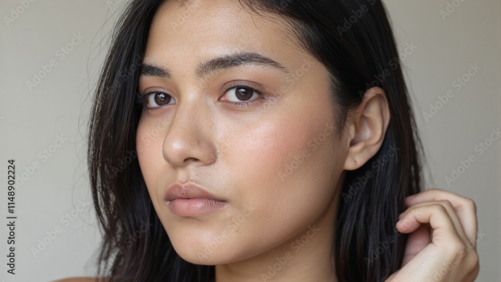 Naklejka premium Portrait of a Southeast Asian woman with stylish makeup and shoulder length dark hair exuding natural beauty and elegance
