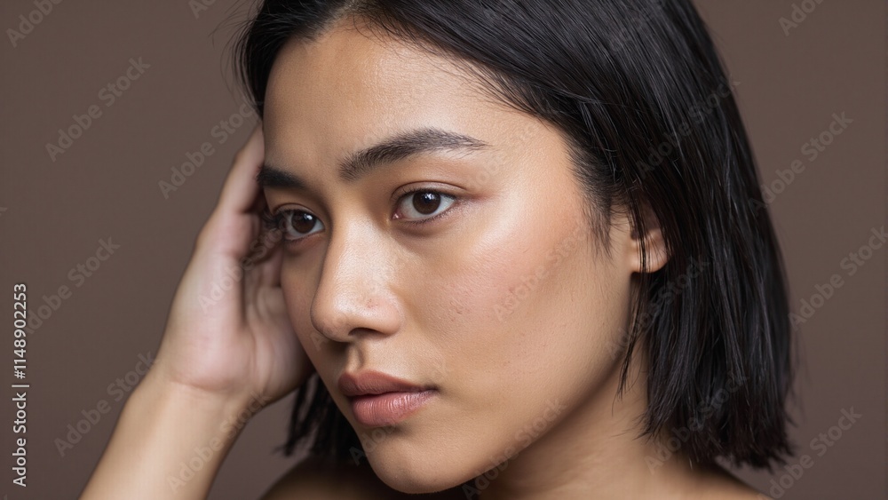 Portrait of a Southeast Asian woman with stylish makeup and shoulder length dark hair exuding natural beauty and elegance Portrait of a Southeast Asian woman with stylish makeup and shoulder length dark hair exuding natural beauty and elegance