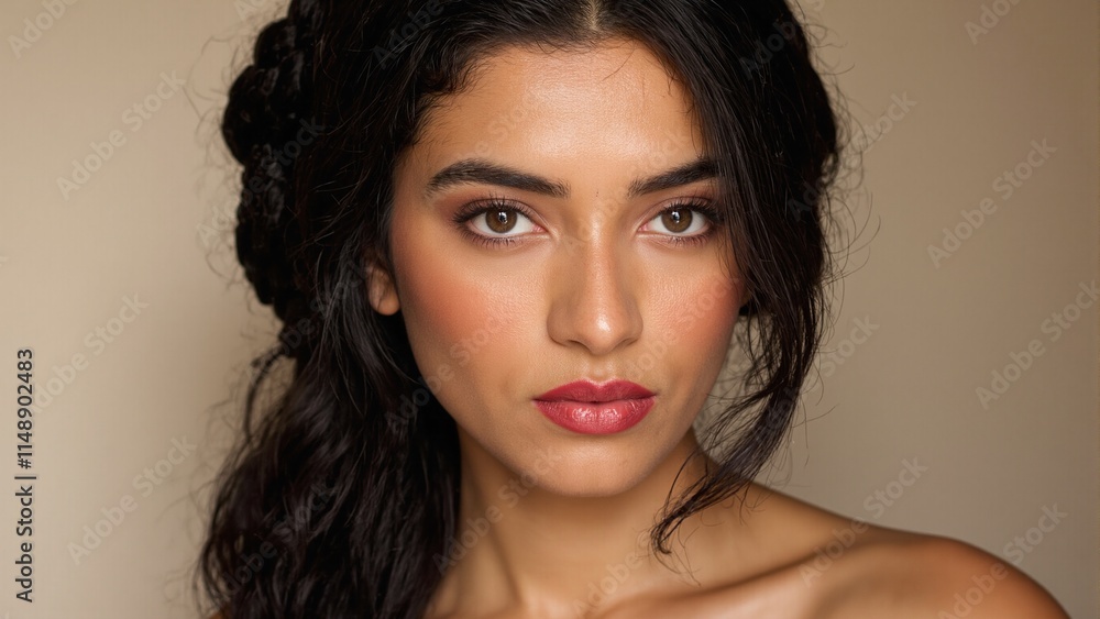 South Asian woman with glowing skin pink eyeshadow crimson lipstick and a cascading braid South Asian woman with glowing skin pink eyeshadow crimson lipstick and a cascading braid