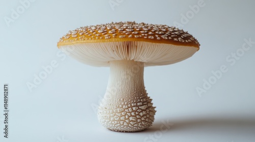 Close-up of a single yellow mushroom with white spots on a white background. photo