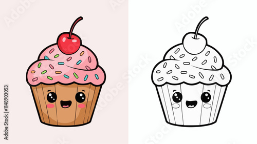 An outline and a colored cupcake 