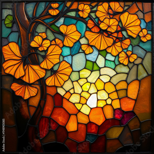 Colorful stained glass window. Botanical pattern. Multicolored interior design template. Gingko Biloba