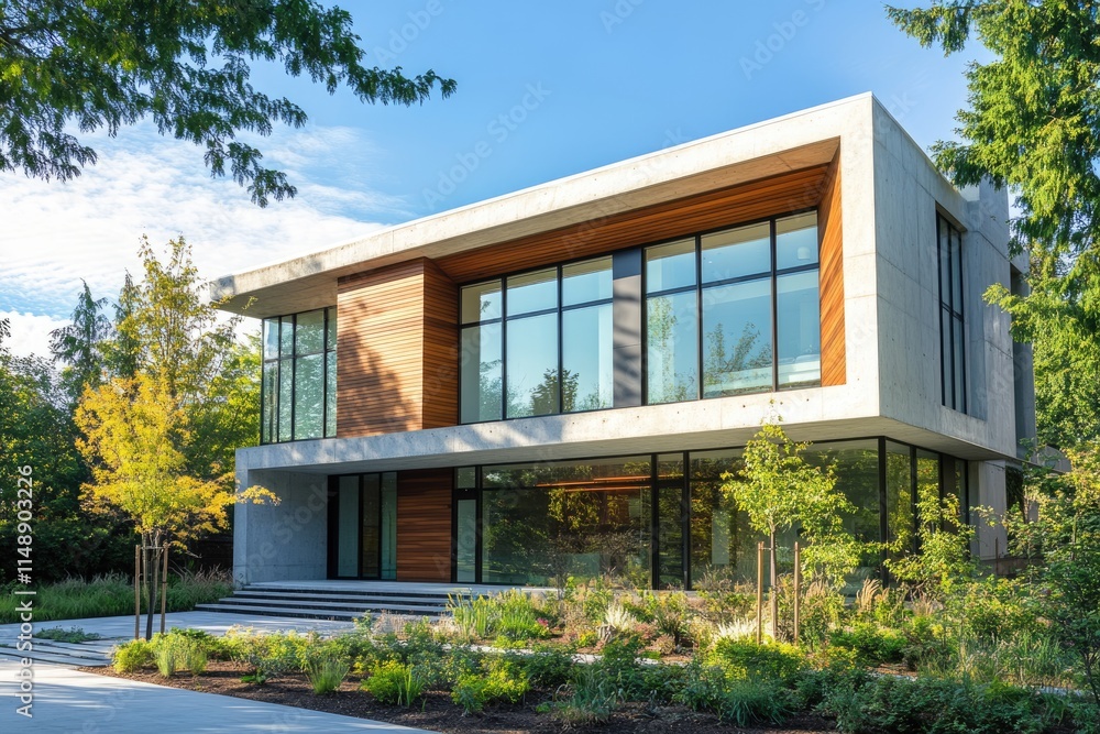 Modern concrete and wood house nestled in lush greenery, showcasing expansive windows and sleek design. Modern concrete and wood house nestled in lush greenery, showcasing expansive windows and sleek design.