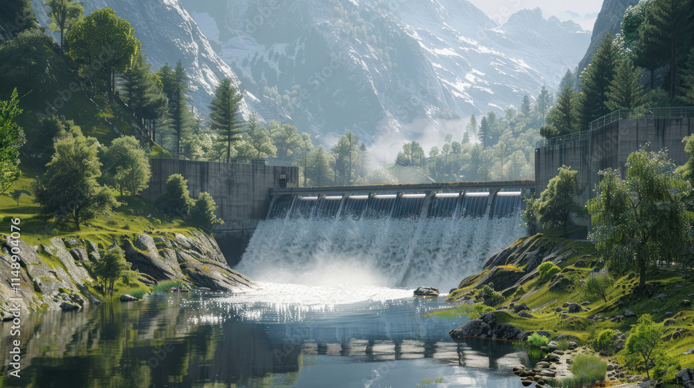 A small hydroelectric dam integrated seamlessly into a scenic river landscape A small hydroelectric dam integrated seamlessly into a scenic river landscape