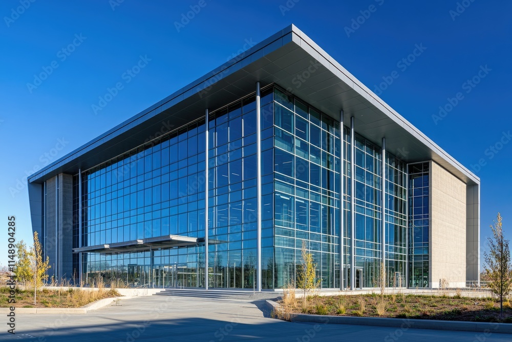 Obraz premium Modern glass-fronted commercial building with a sleek design under a bright blue sky.
