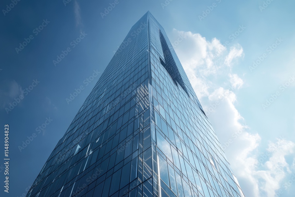 Modern glass skyscraper ascends towards a bright, partly cloudy sky. Modern glass skyscraper ascends towards a bright, partly cloudy sky.