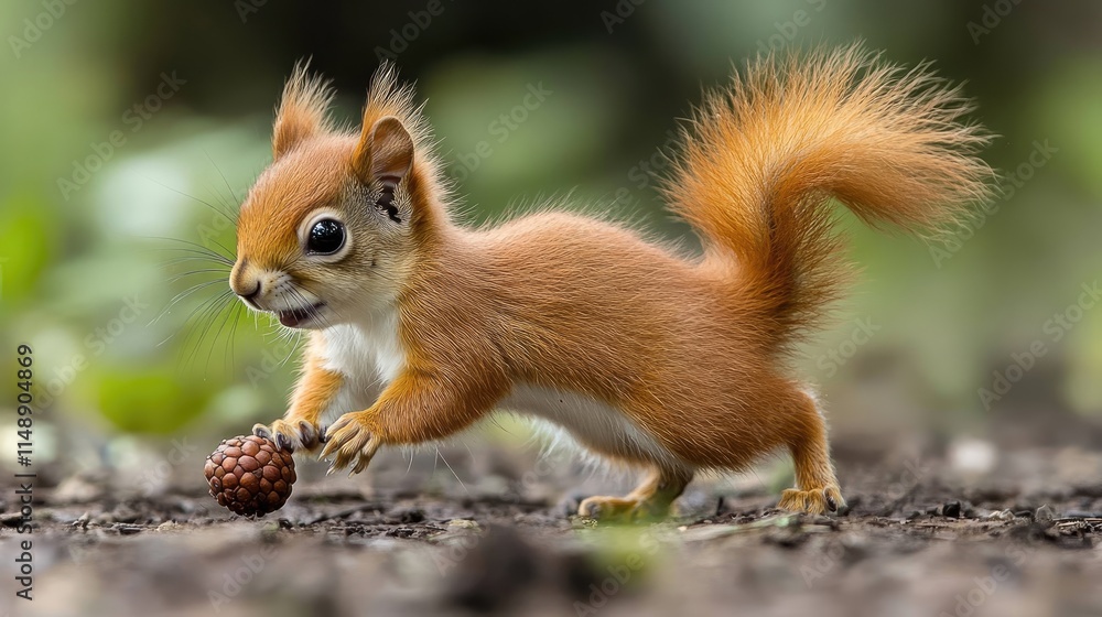 Adorable red squirrel playfully running across the forest floor while holding a pine cone in its tiny paws Adorable red squirrel playfully running across the forest floor while holding a pine cone in its tiny paws